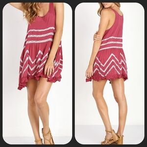 Free People Voile & Lace polka Dot Lace Trim Mini Swing Dress Tunic Raspberry